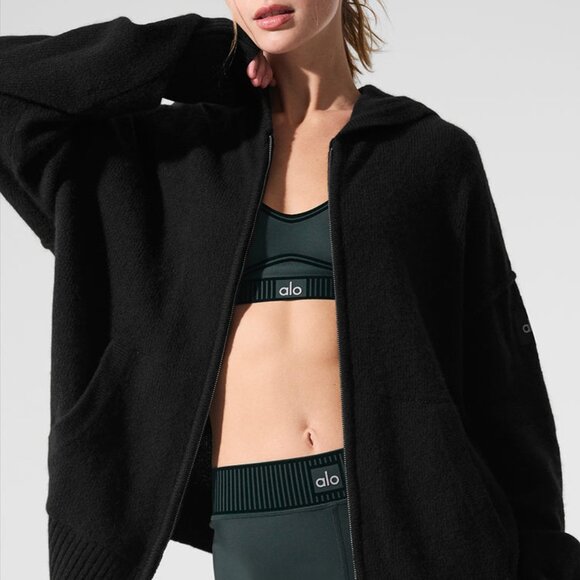 Alo Yoga New Class Cashmere Full Zip Hoodie Black - Picture 2 of 4
